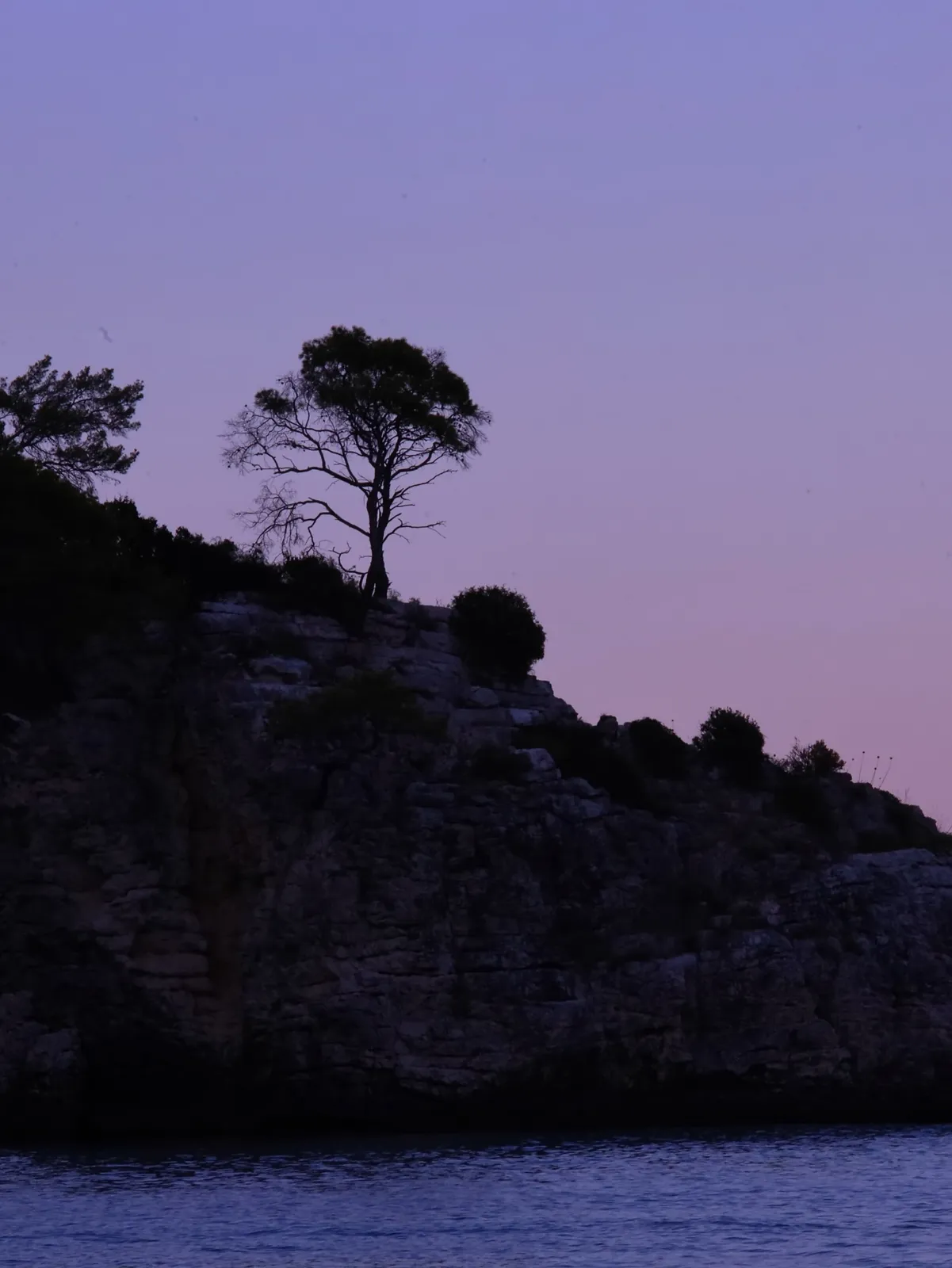 Costa rocciosa all'ora blu, tra mare calmo e cielo violaceo.