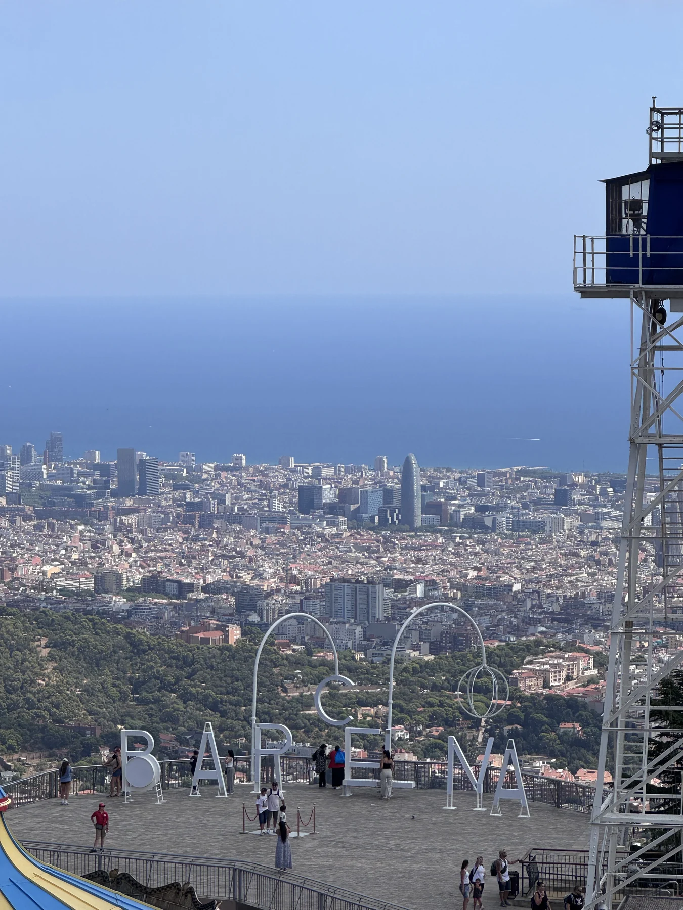 Tibidabo — panorama urbano fino al mare, con la città distesa ai piedi della collina.